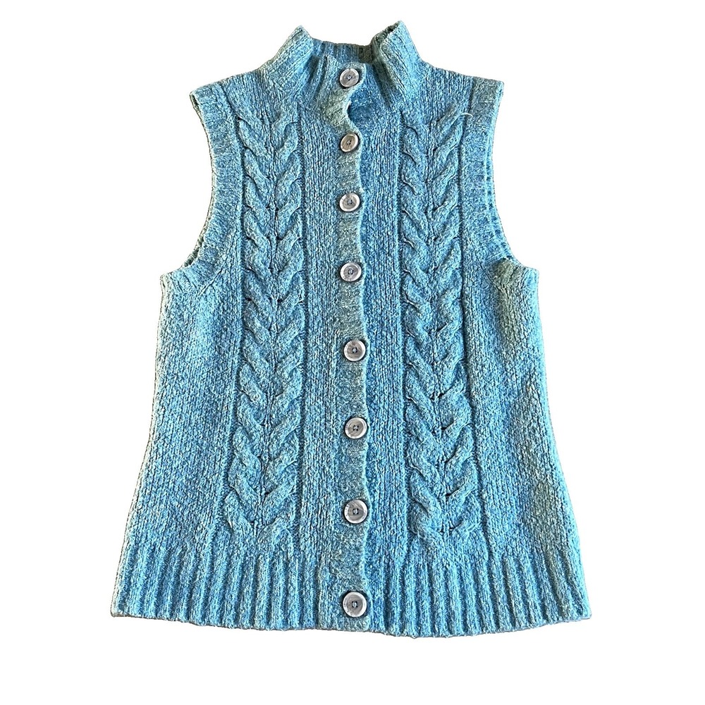 LL Bean Women's Medium Wool Blend Cable Knit Sweater Vest Blue Button Front